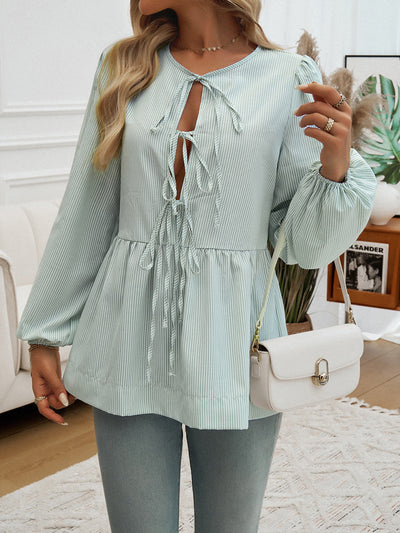 Striped Peplum Top with Tie Neck Detail