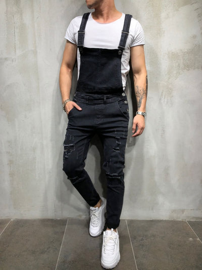 Men's Skinny Fit Distressed Denim Overalls