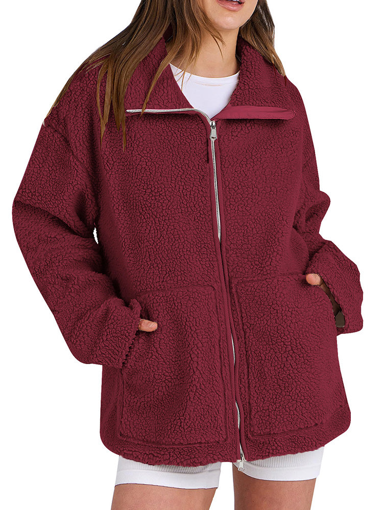 Chaqueta acogedora de polar sherpa con cremallera para mujer