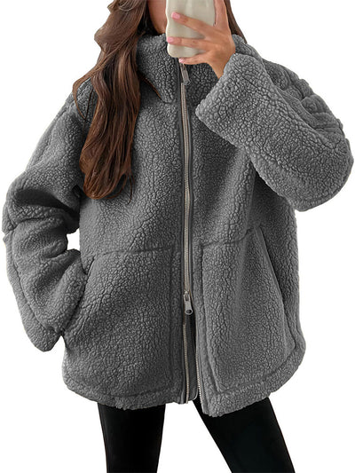 Chaqueta acogedora de polar sherpa con cremallera para mujer