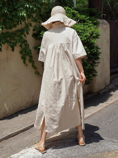 Vestido camisero holgado de algodón y lino con cuello en V