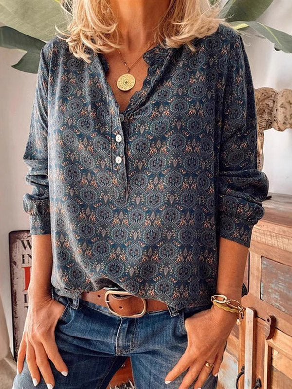 Blusa con lazo en el cuello y estampado floral bohemio