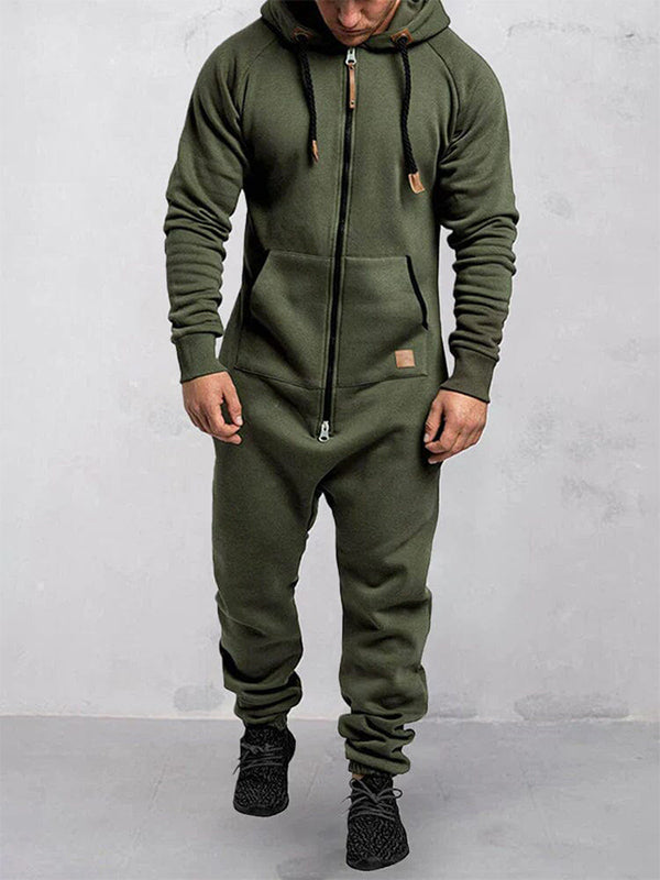 Hooded Fleece Zipper Solid Color Jumpsuit