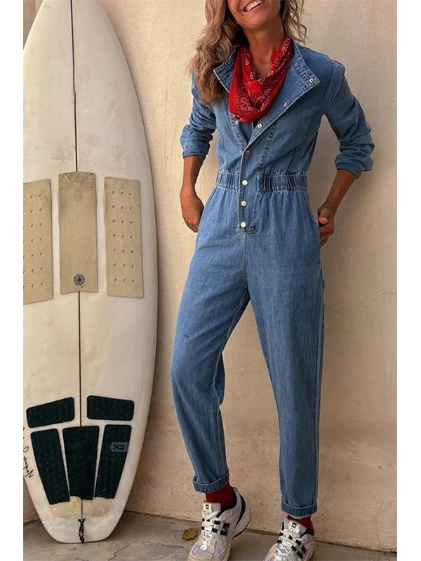 Women's Button-Front Relaxed Denim Jumpsuit