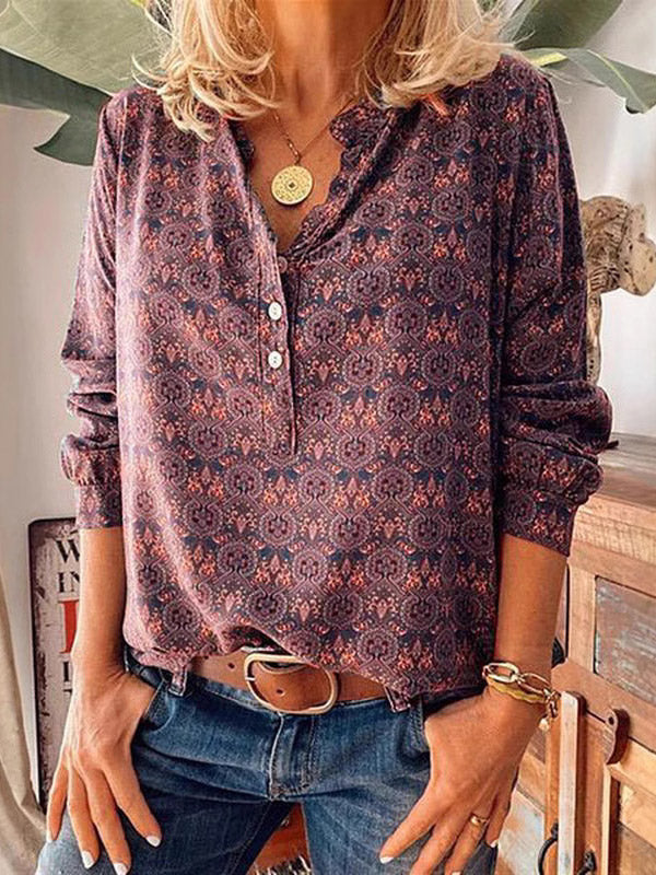 Blusa con lazo en el cuello y estampado floral bohemio