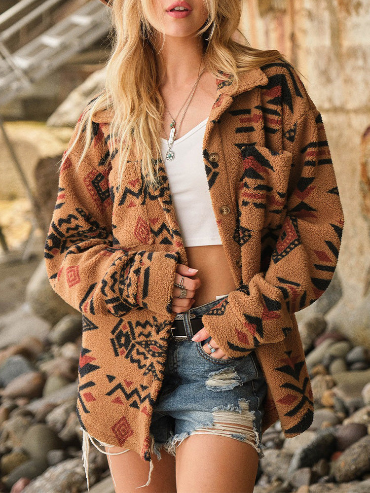 Aztec-Inspired Sherpa Fleece Oversized Jacket