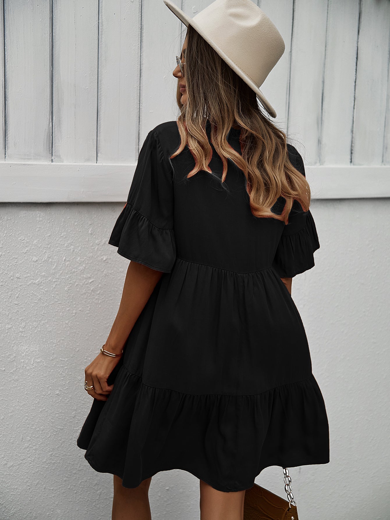 Button-Down Ruffle Sleeve Tiered Dress