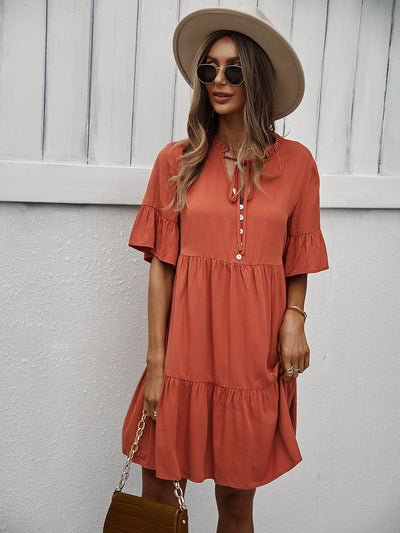 Button-Down Ruffle Sleeve Tiered Dress