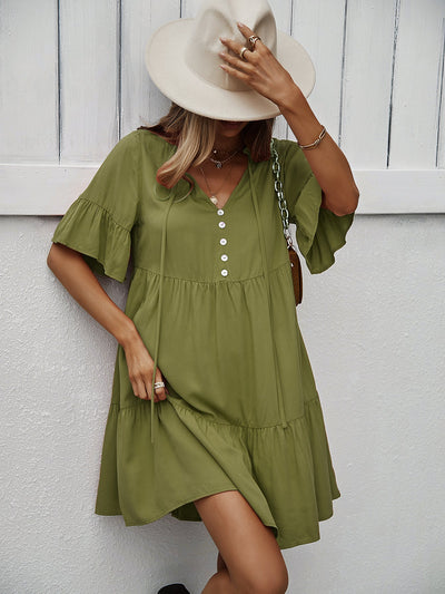 Button-Down Ruffle Sleeve Tiered Dress