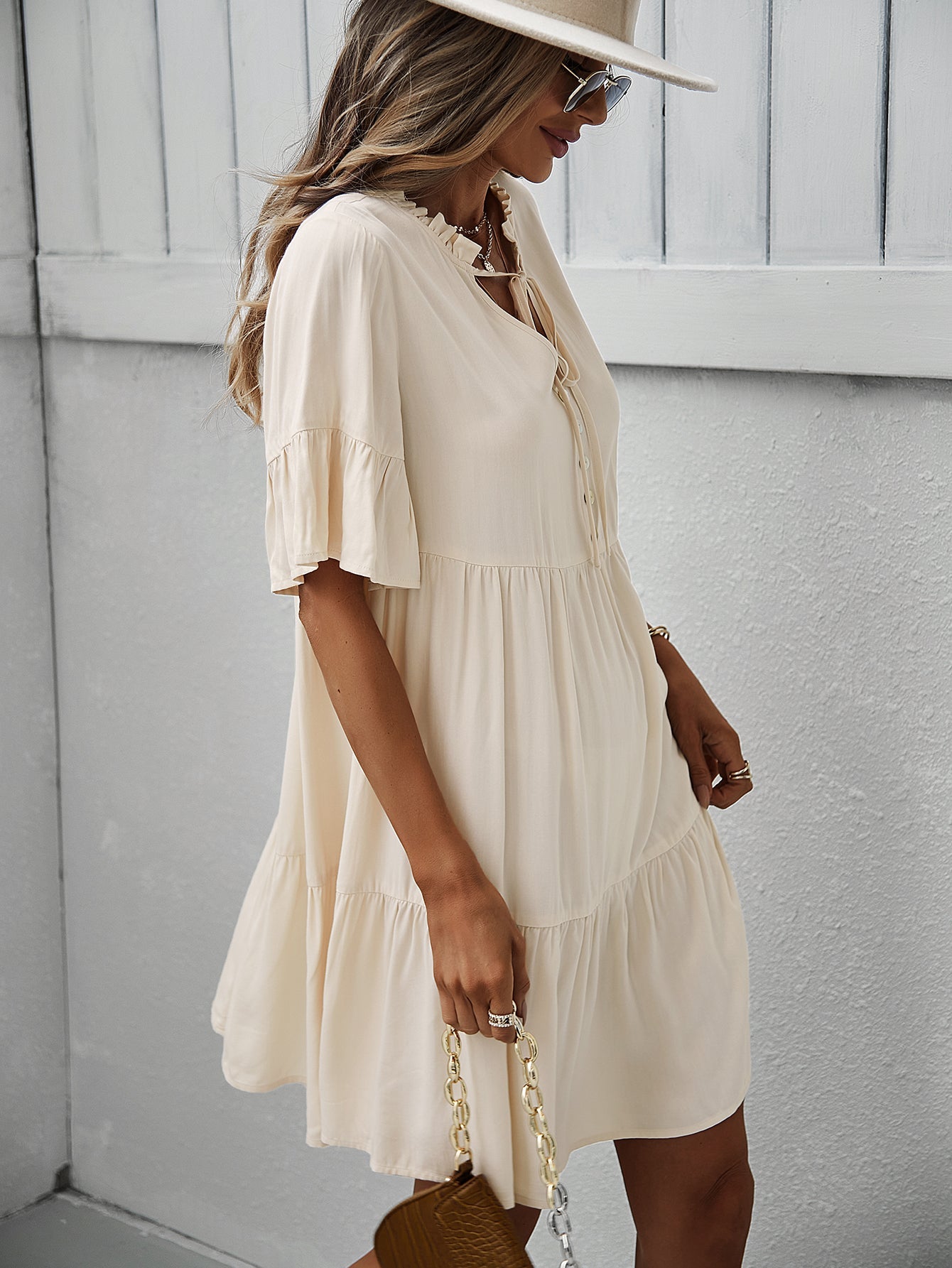 Button-Down Ruffle Sleeve Tiered Dress