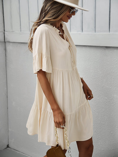 Button-Down Ruffle Sleeve Tiered Dress