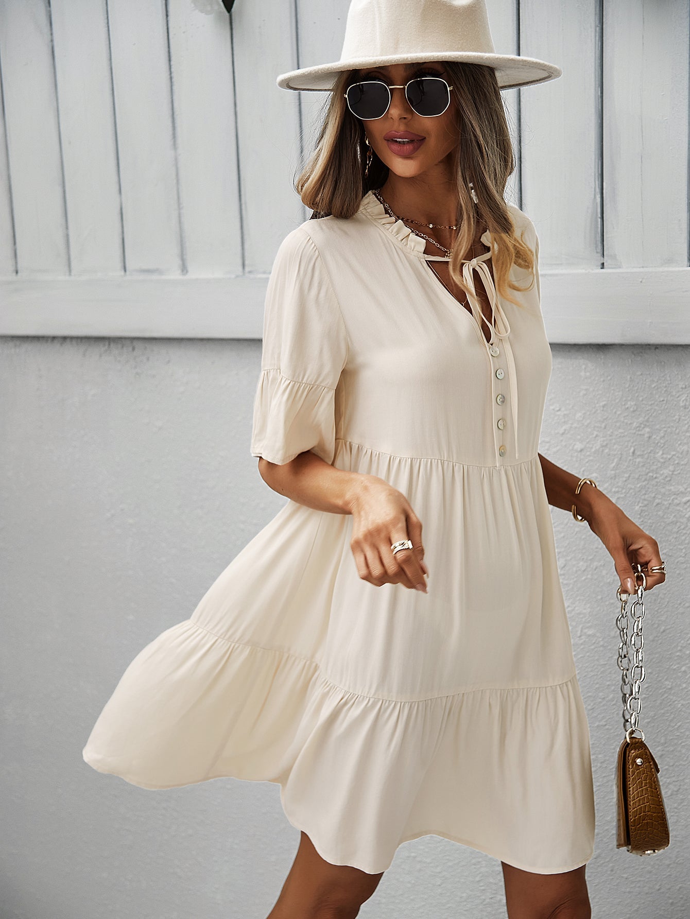 Button-Down Ruffle Sleeve Tiered Dress