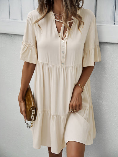Button-Down Ruffle Sleeve Tiered Dress