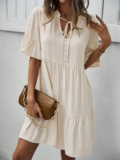 Button-Down Ruffle Sleeve Tiered Dress
