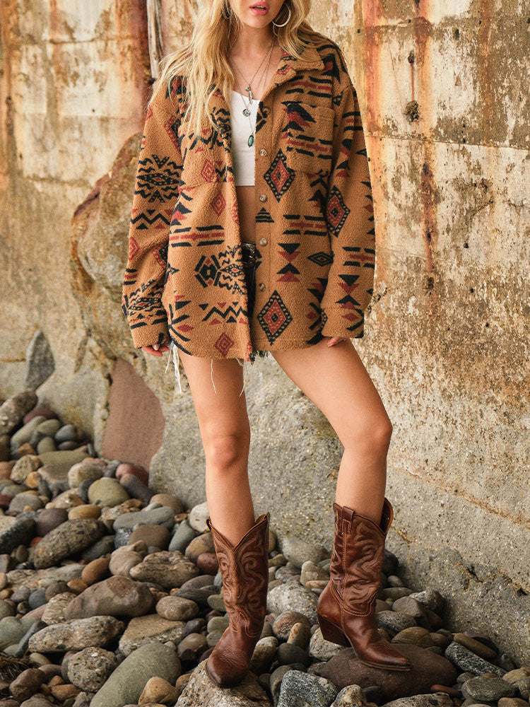 Aztec-Inspired Sherpa Fleece Oversized Jacket