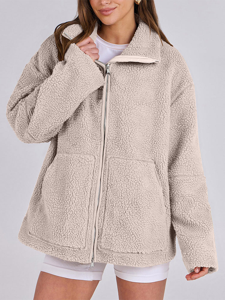 Chaqueta acogedora de polar sherpa con cremallera para mujer