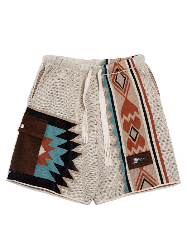 Pantalones cortos sueltos Navajo con cordón vintage Pantalones cortos geométricos de color en contraste