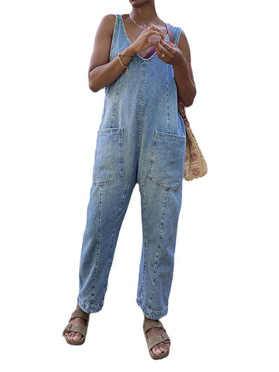 V-neck Suspender Denim Jumpsuit