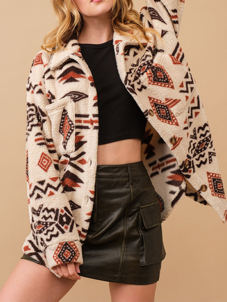 Women's Vintage-Inspired Geometric Pattern Plush Jacket