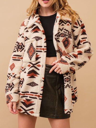 Women's Vintage-Inspired Geometric Pattern Plush Jacket