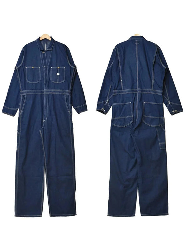 Men's Zipper Multi Pocket Long Sleeve Denim Coveralls