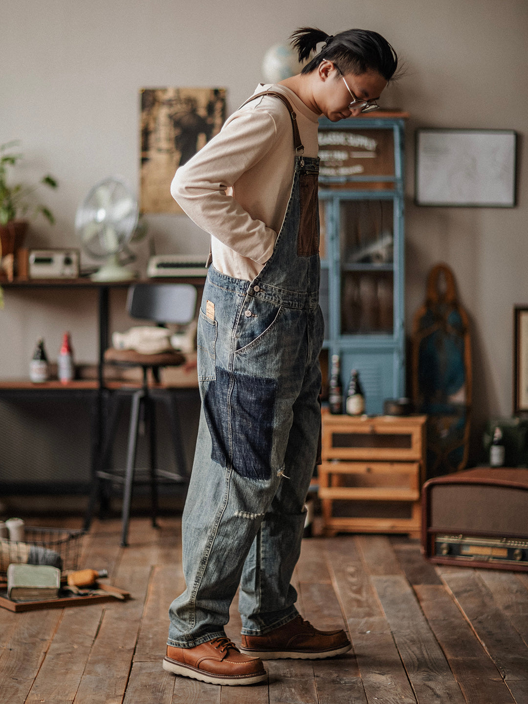 Men's Contrast Overalls Distressed Denim Dungarees