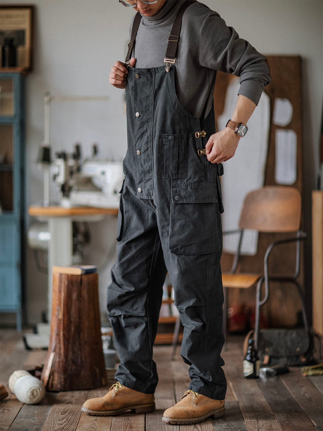 Mono de lona para hombre con bolsillos con solapa y botones en la parte delantera, ropa de trabajo