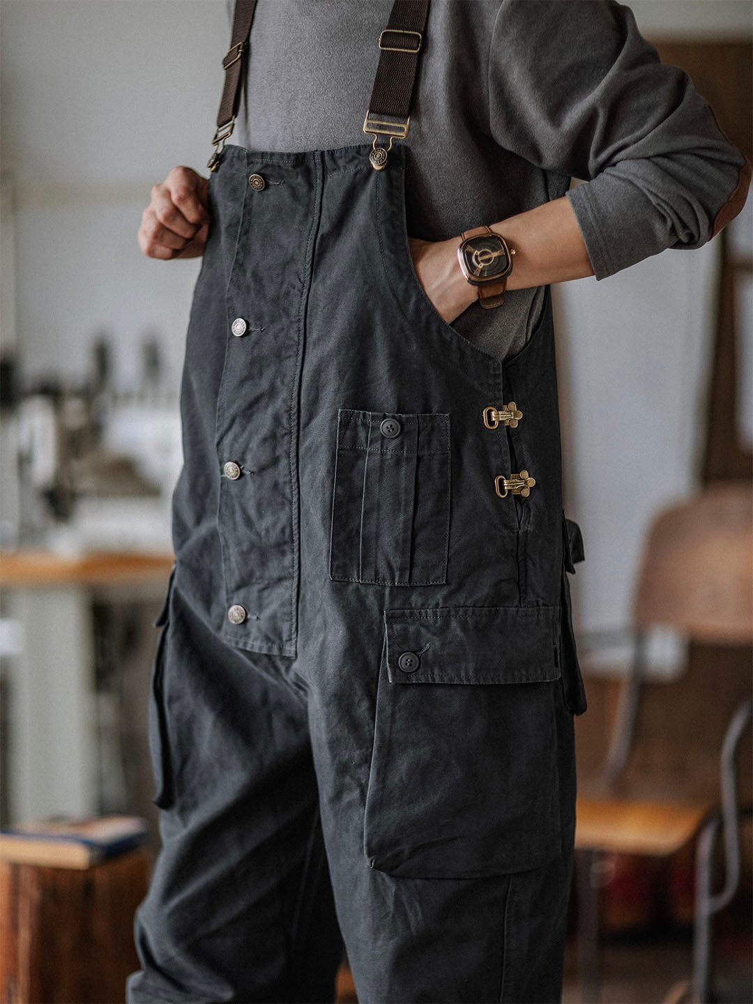 Mono de lona para hombre con bolsillos con solapa y botones en la parte delantera, ropa de trabajo