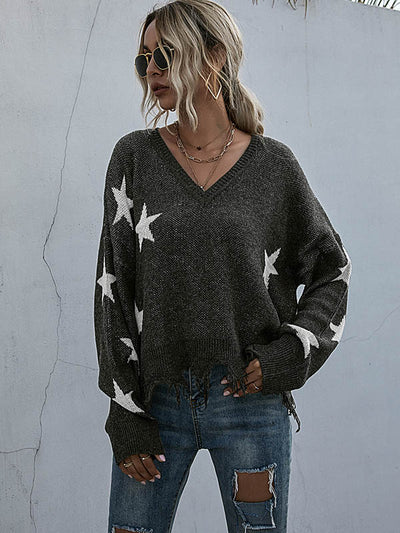 Jersey de punto con flecos y cuello de pico de estrellas